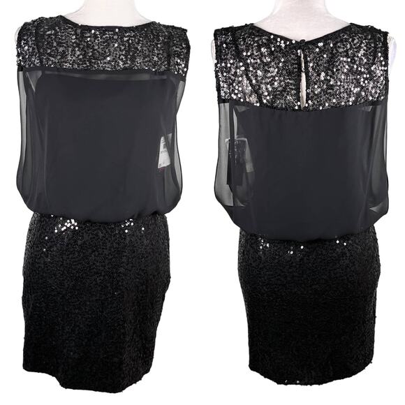 Aqua Dress Black Sequin Keyhole 2 Sleeveless Sheer Overlay New - Picture 1 of 13